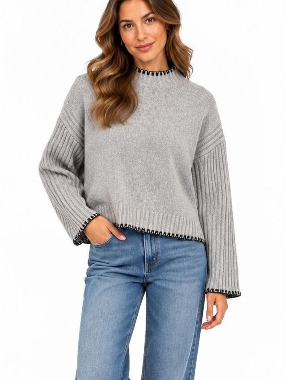 Joie Gray Mock Neck Sweater Black Whipstitch Ribbed Sleeve Relaxed Womens M/L